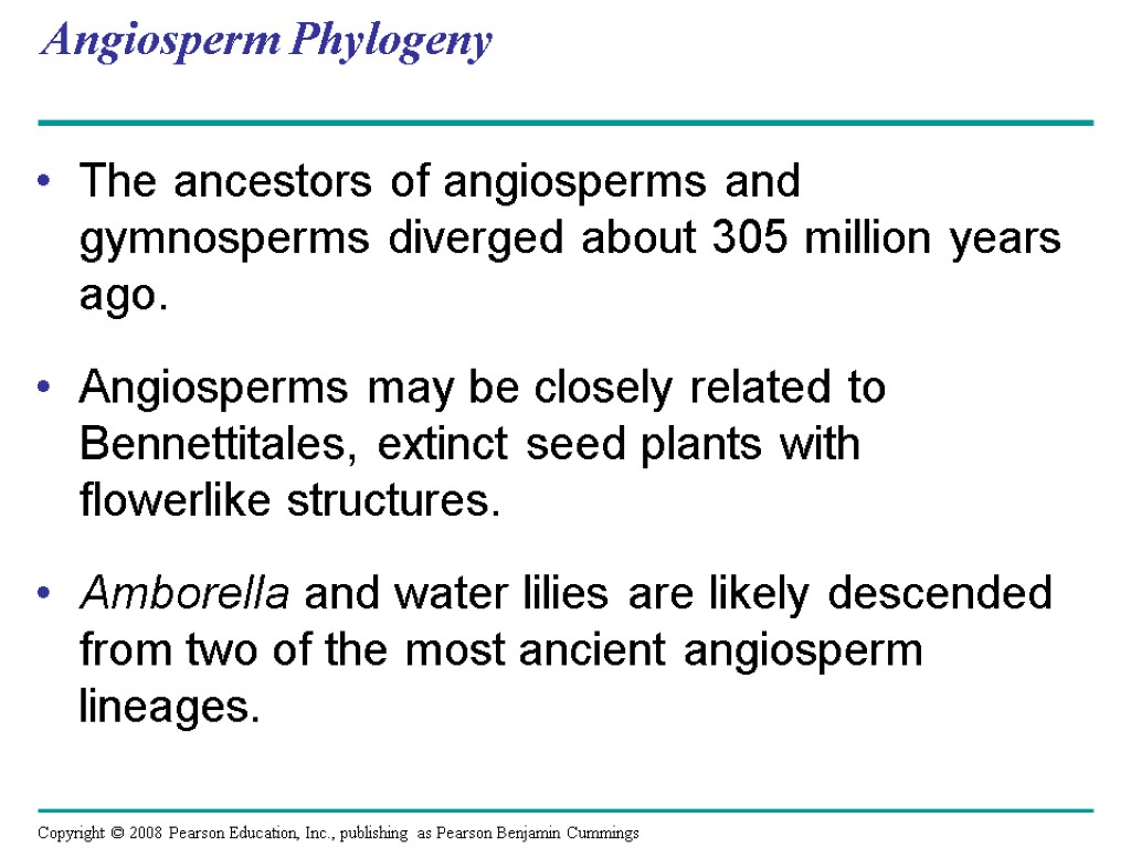 Angiosperm Phylogeny The ancestors of angiosperms and gymnosperms diverged about 305 million years ago.